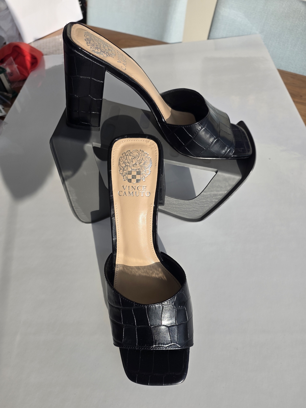Vince Camuto Black Croc-Embossed Slide Mules